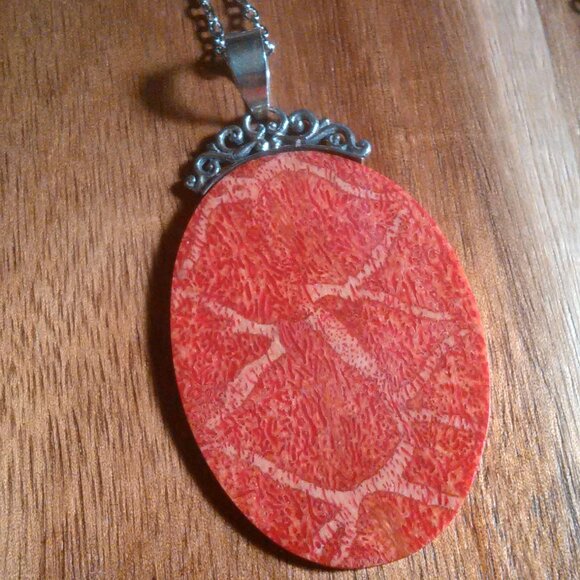 Red Sponge Coral Sterling Silver Pendant Stainless Steel Necklace - Picture 4 of 14